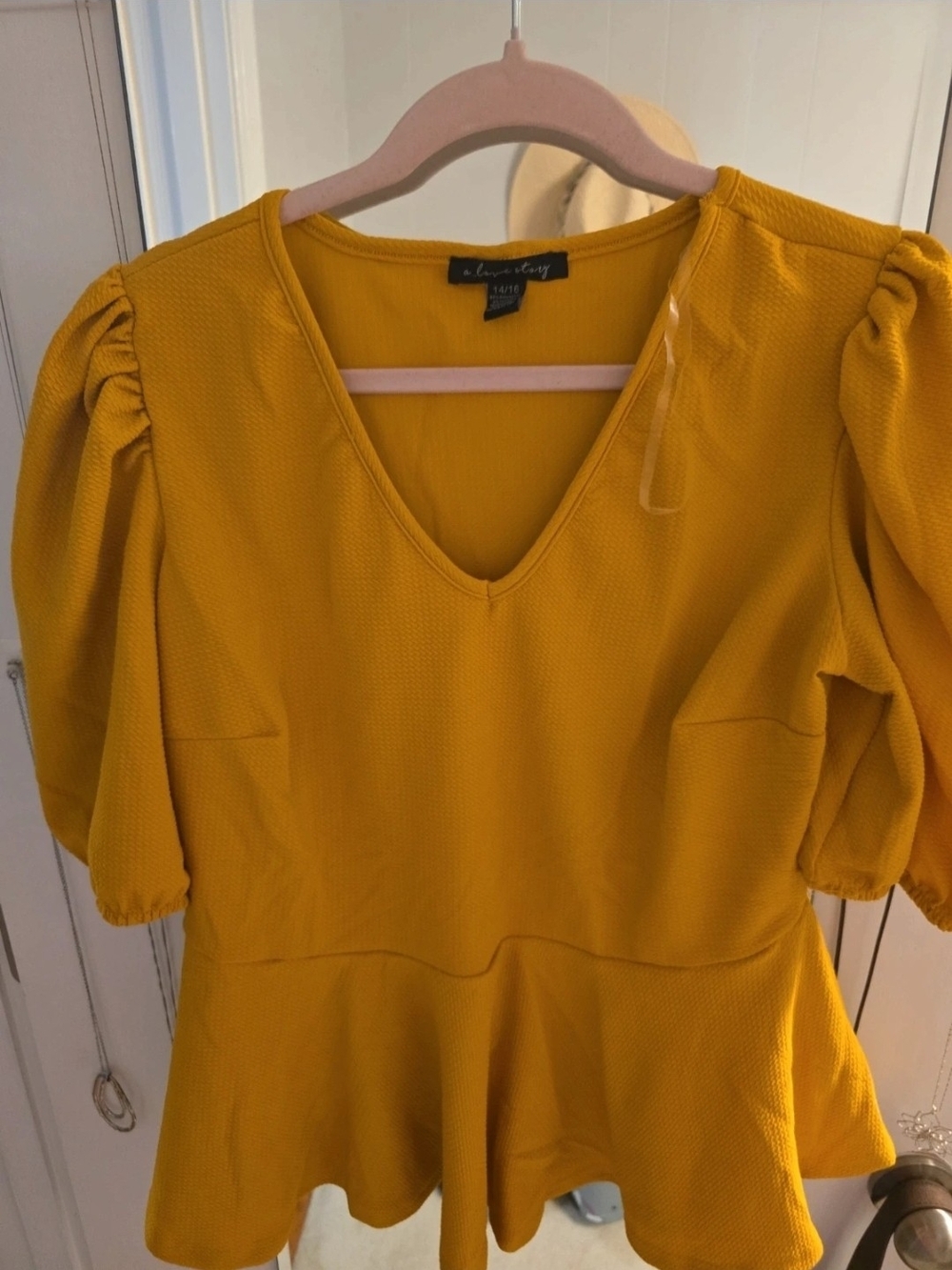 Ashley Stewart Mustard Yellow Puff Sleeve V-Neck Peplum Top